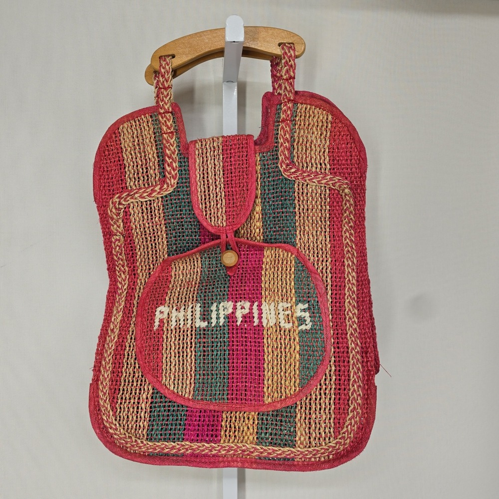 Vintage Philippines Woven Straw Tote Bag‎ Multi Color Striped Wood Handle Boho